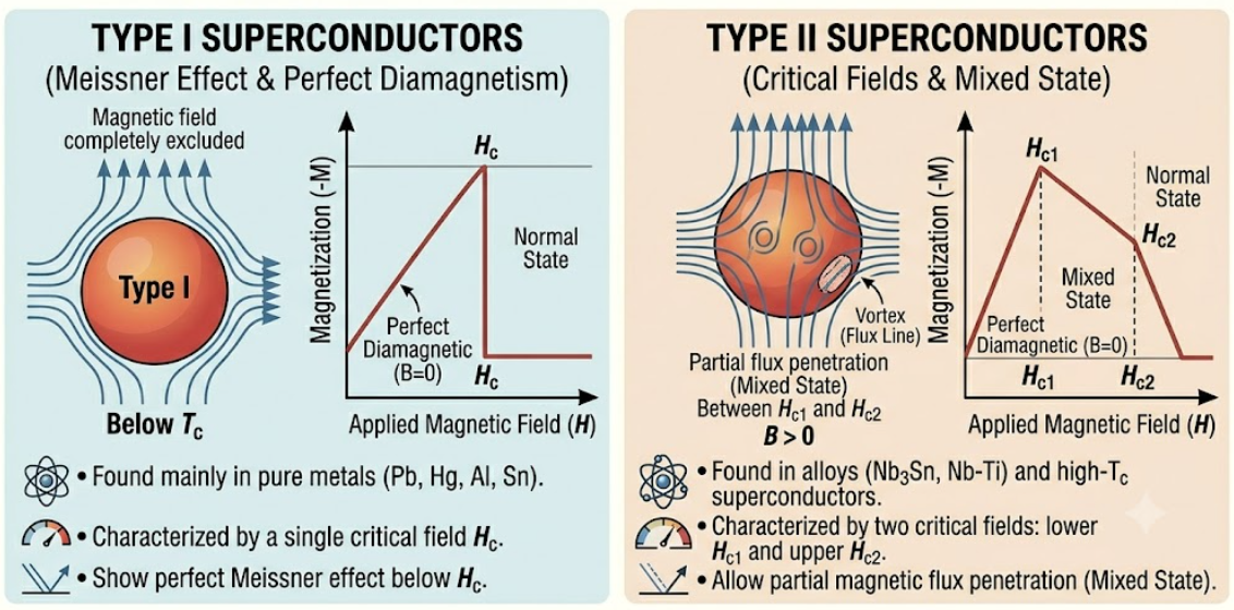 Type I and Type II Superconductors diagram